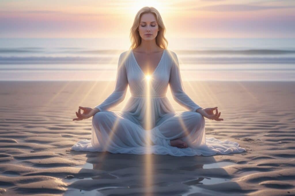 Kobieta w medytacji, otoczona światłem, symbolizująca wewnętrzne wybaczenie i połączenie z duszą po trudnych doświadczeniach w relacji.