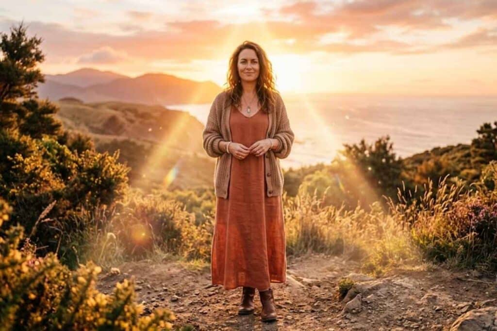 Silna kobieta oświetlona promieniami, symbolizująca wolność od wstydu i obfitość. Kobieta niosąca Światło.