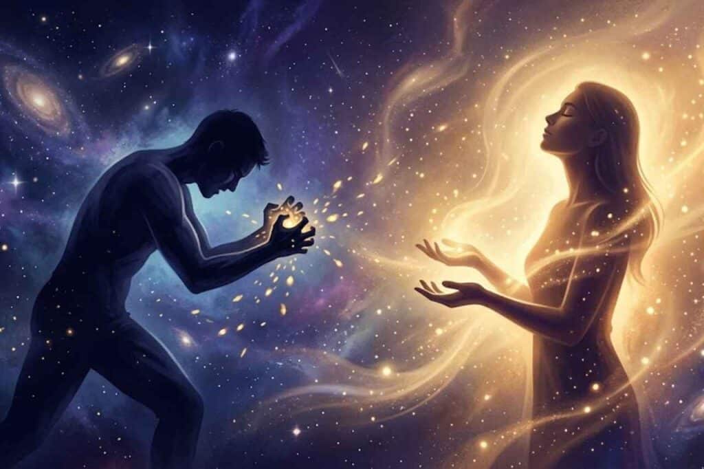 Osoba medytująca w otoczeniu światła, symbolizująca wewnętrzne połączenie, otwartość na cuda i duchową transformację.